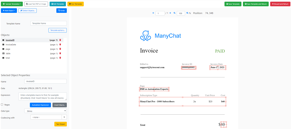 Add field from rectangle selection for invoice id, invoice date, page, and total