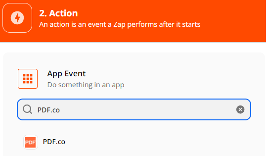 Setup Action, select PDF.co as App Event