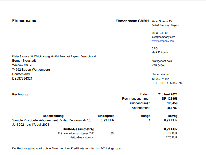 Screenshot of Sample Invoice in EUR