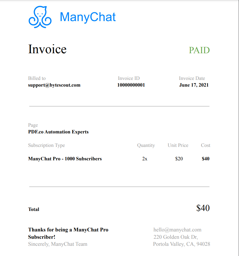 Screenshot of the ManyChat sample invoice