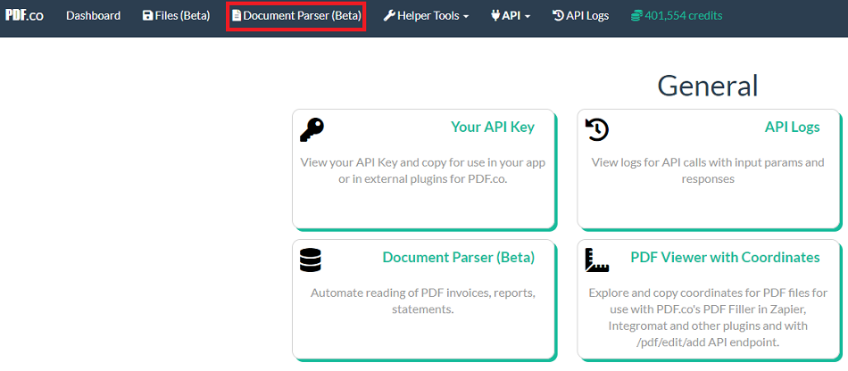 Go to PDF.co Document Parser Interface