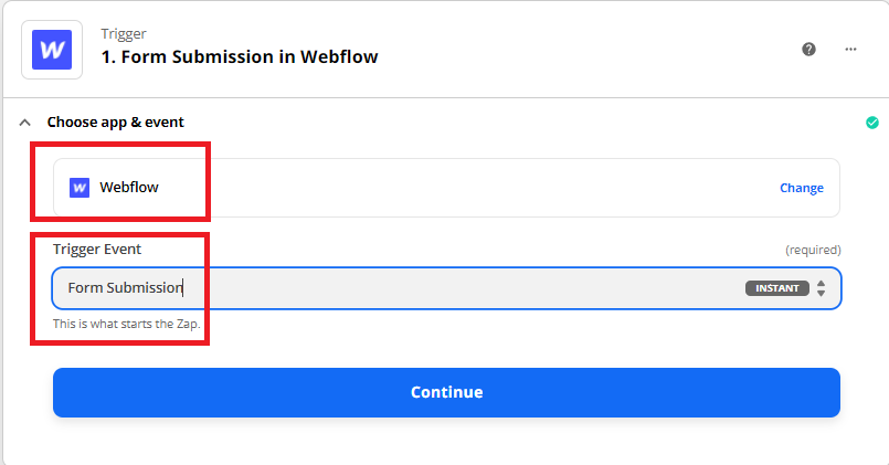 Select Webflow App and Choose Submission Form