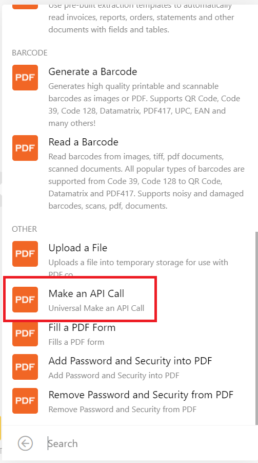 Select PDF.co App and Choose Make an API Call Module