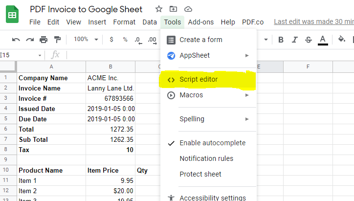 Invoice PDF to Google Sheet - App Script