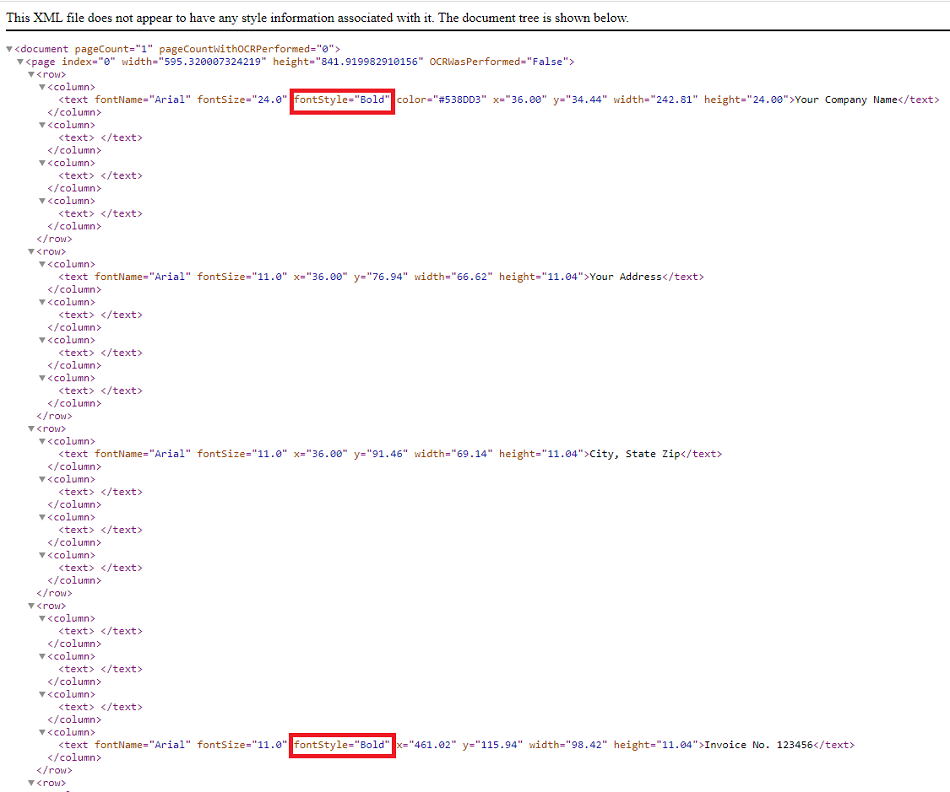 Screenshot of Output XML