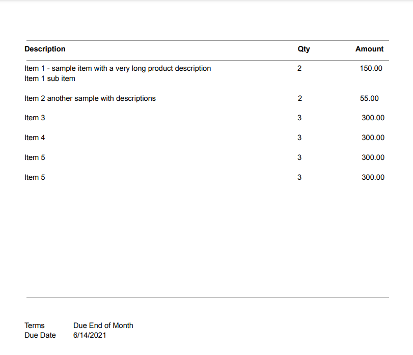 Screenshot of an Invoice with a Hanging Row