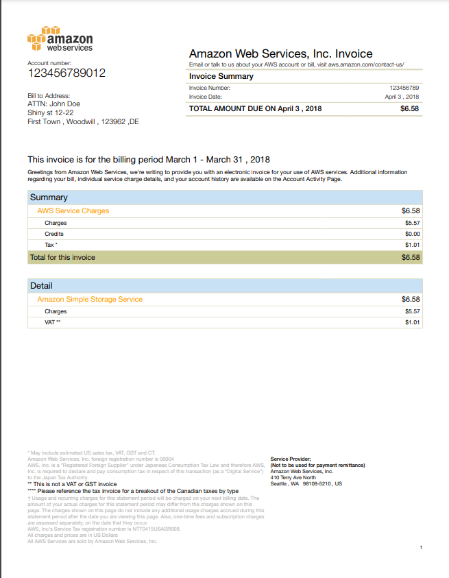 Screenshot of Sample Amazon AWS Invoice