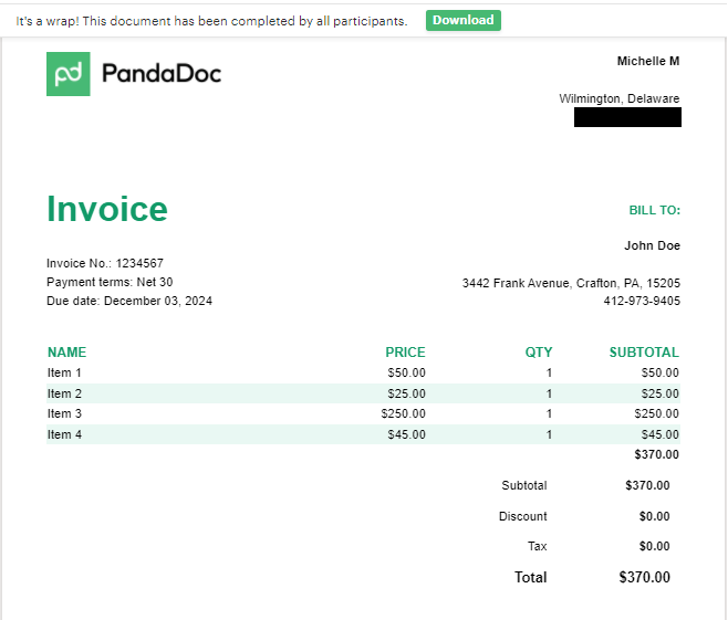 PandaDoc Completed Sample Invoice
