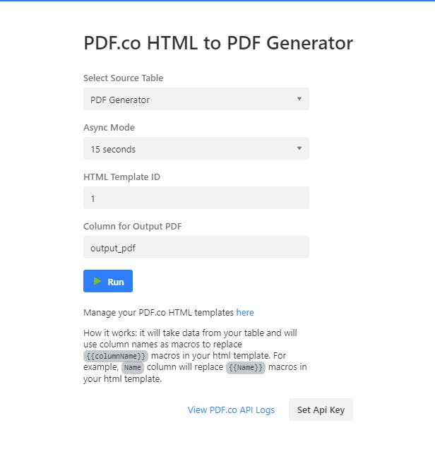 Run PDF.co PDF Generator for Airtable