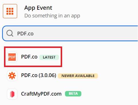Choose PDF.co as the Action App