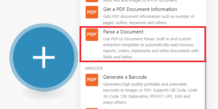 Add PDF.co Parse A Document Module