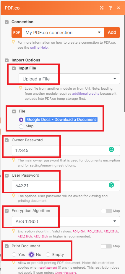 Add Password and Security into PDF Configuration