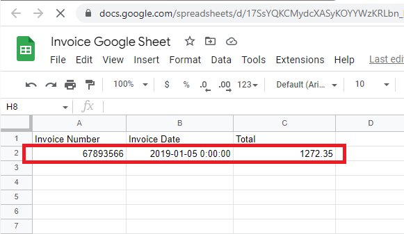 Google Sheets With Parsed Invoice Data