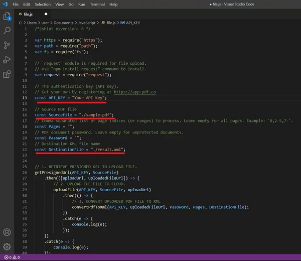 PDF to XML in Nodejs