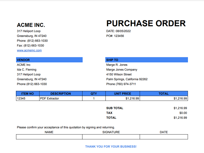 Screenshot of the Purchase Order