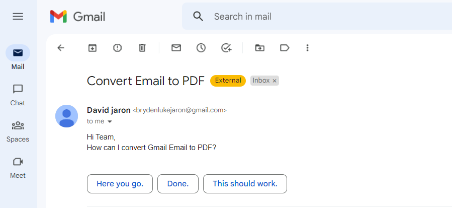 Screenshot of Gmail Email