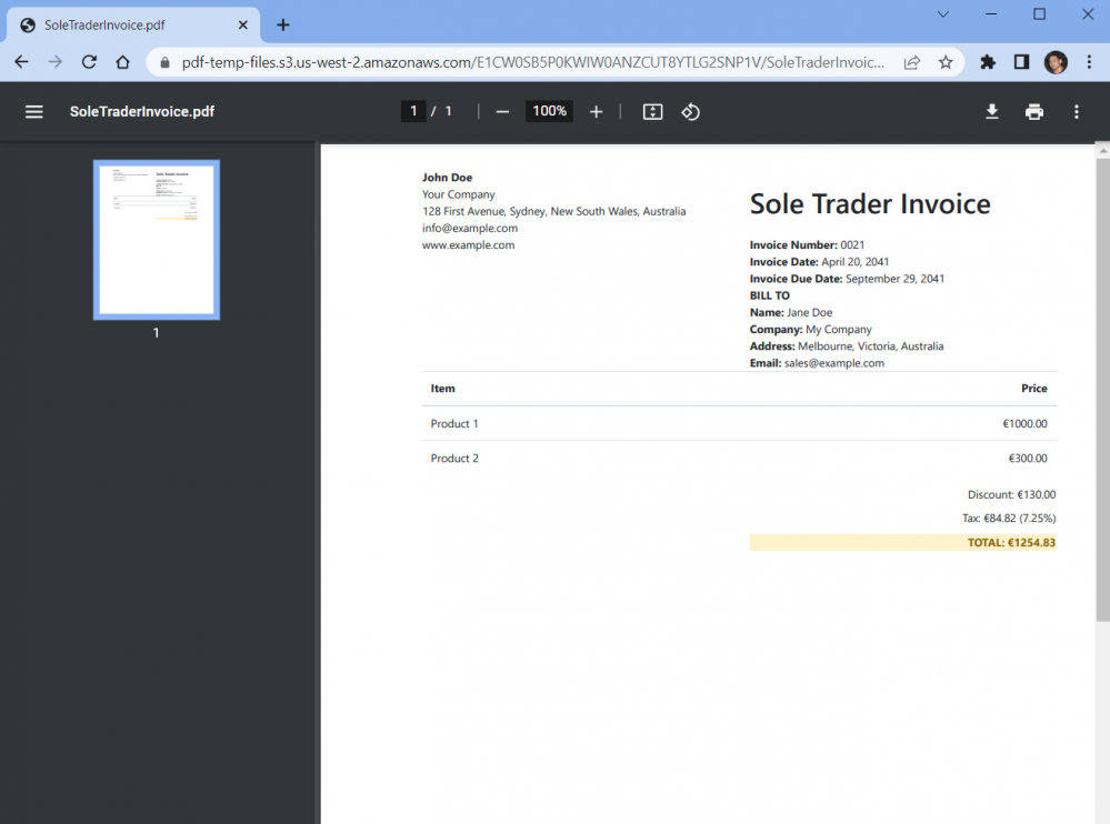 Sole Trader Invoice Output