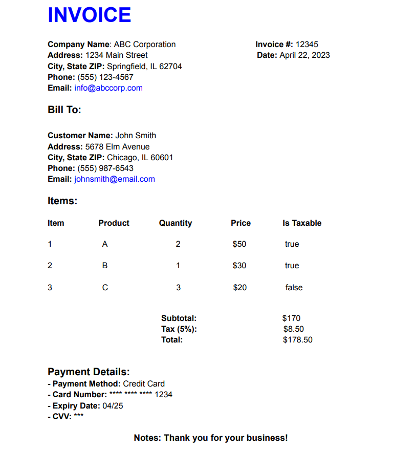 Sample PDF Invoice with Various Objects