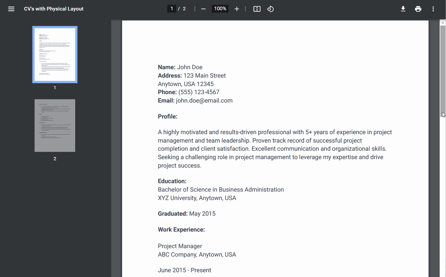 Sample PDF CVs with Different Physical Layouts