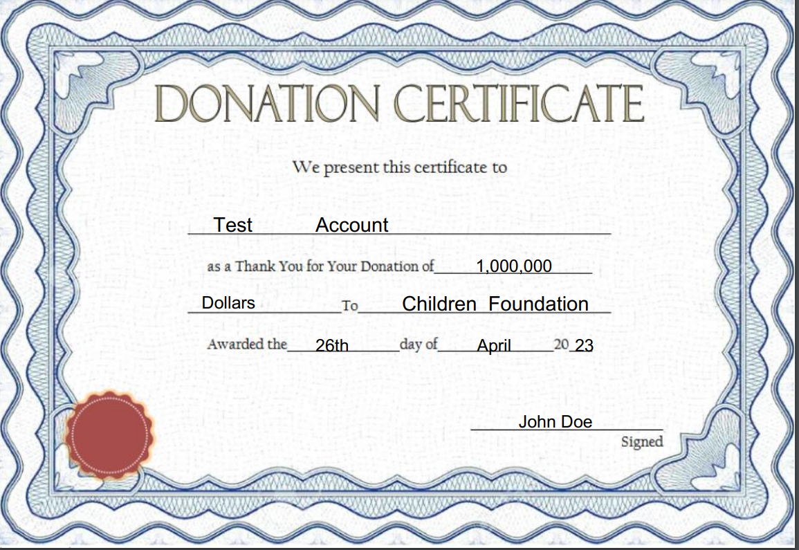 Filled Donation Certificate