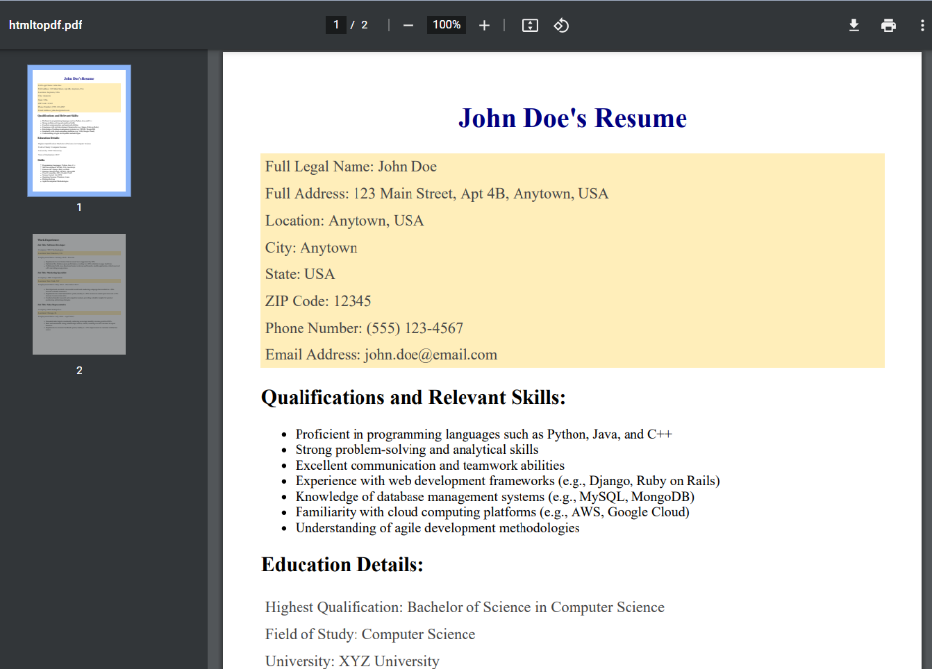 Generated PDF Resume