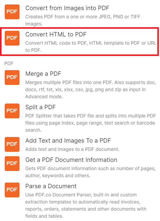 Add PDF.co and Convert HTML to PDF Module