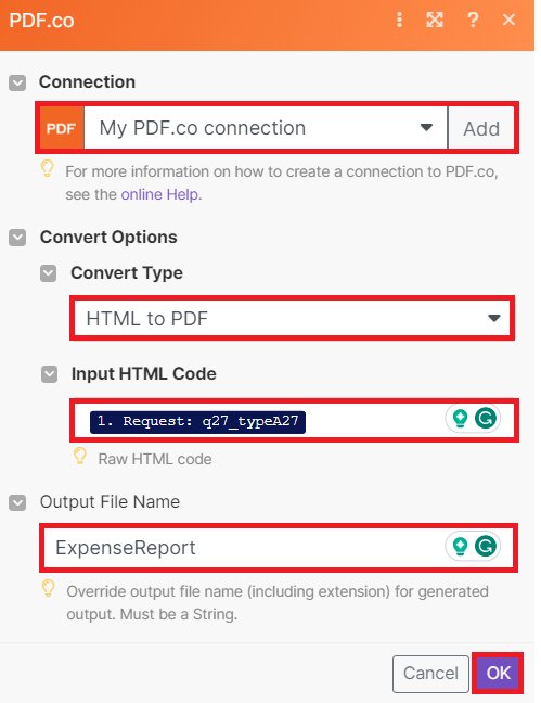 Setup Convert HTML to PDF Configuration