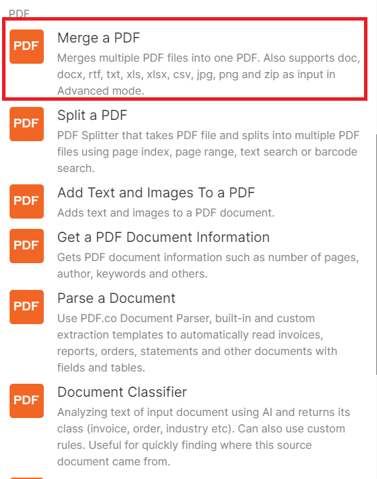Add PDF.co and Merge a PDF Module
