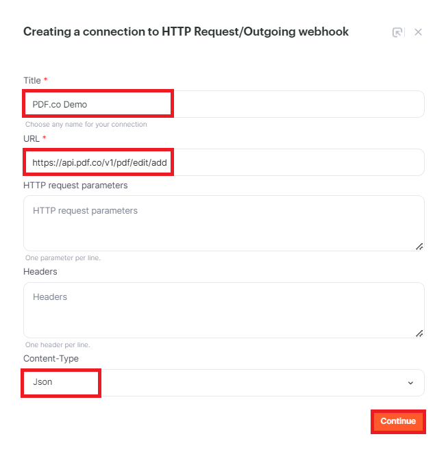 Connection to HTTP Request/Outgoing webhook