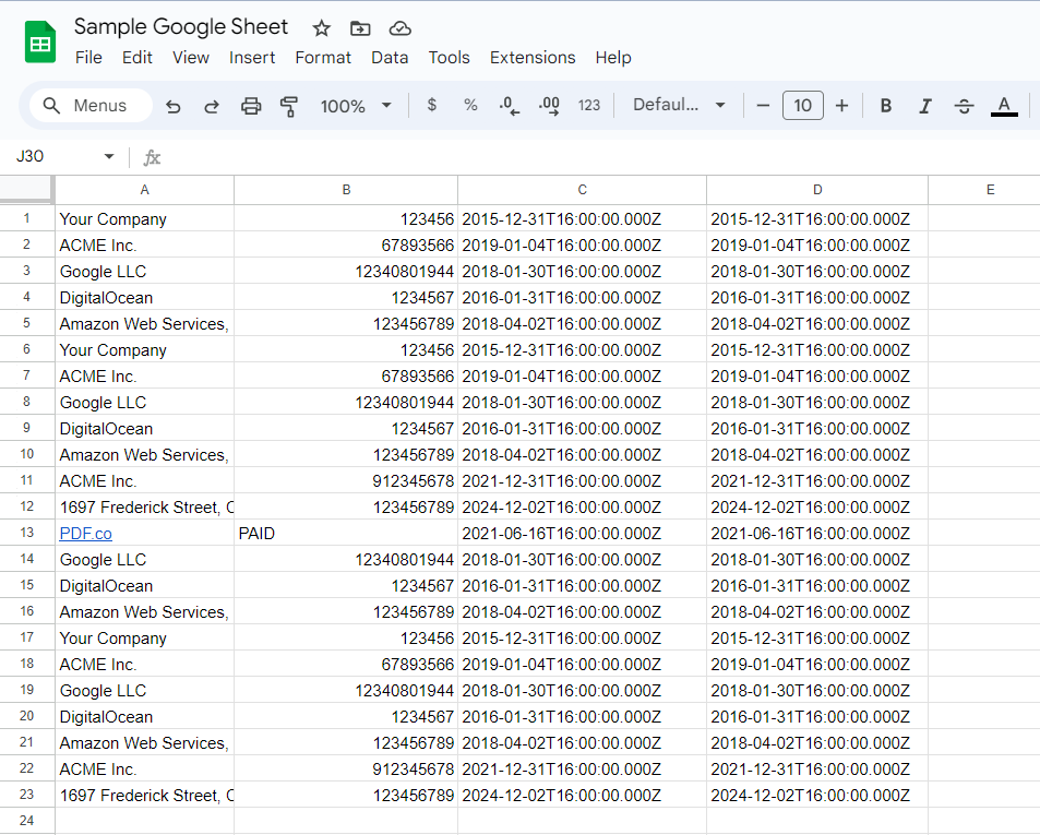 Sample Google Sheet Spreadsheet